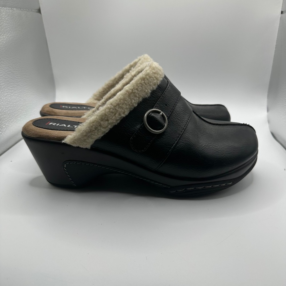 Rialto Vina Black Faux Leather Faux Shearling Trim Wedge Clog Mules Womens 9M